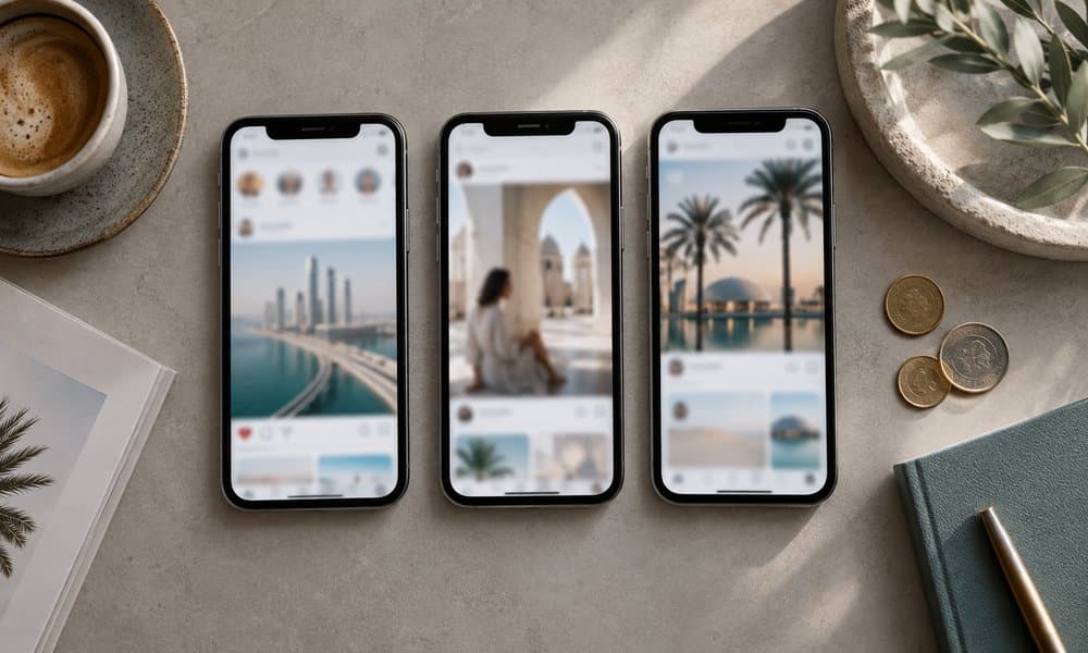 Three phones showing social feeds beside a few coins