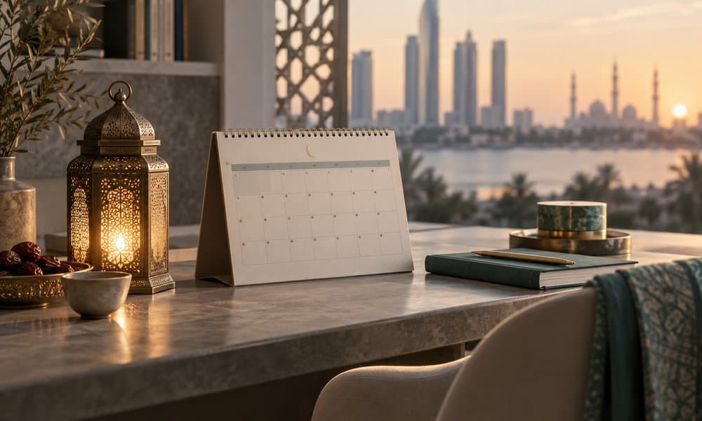 Lantern and a monthly calendar on a desk at sunset