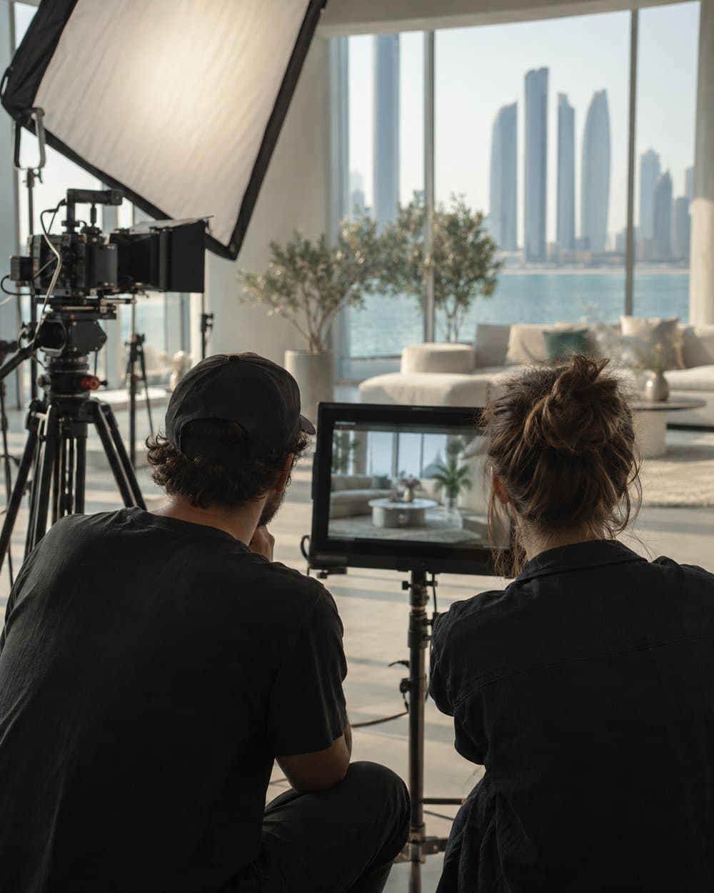 Two crew members reviewing footage on a monitor