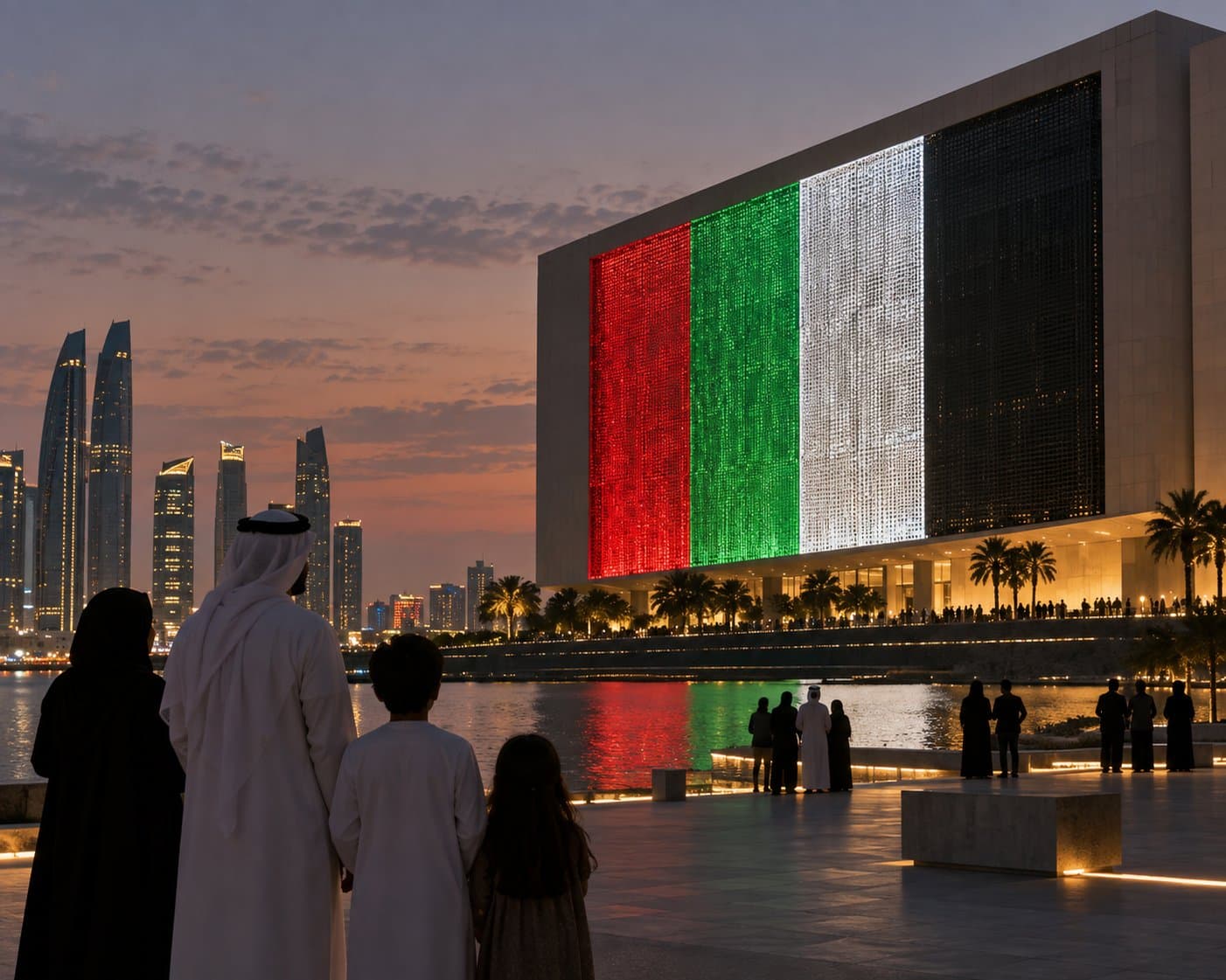 National Day campaign light installation on a building facade at dusk