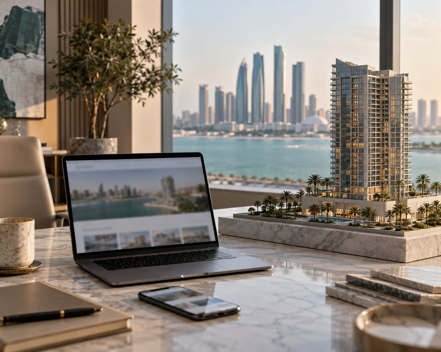 Laptop showing a property website next to a scale model of a residential tower