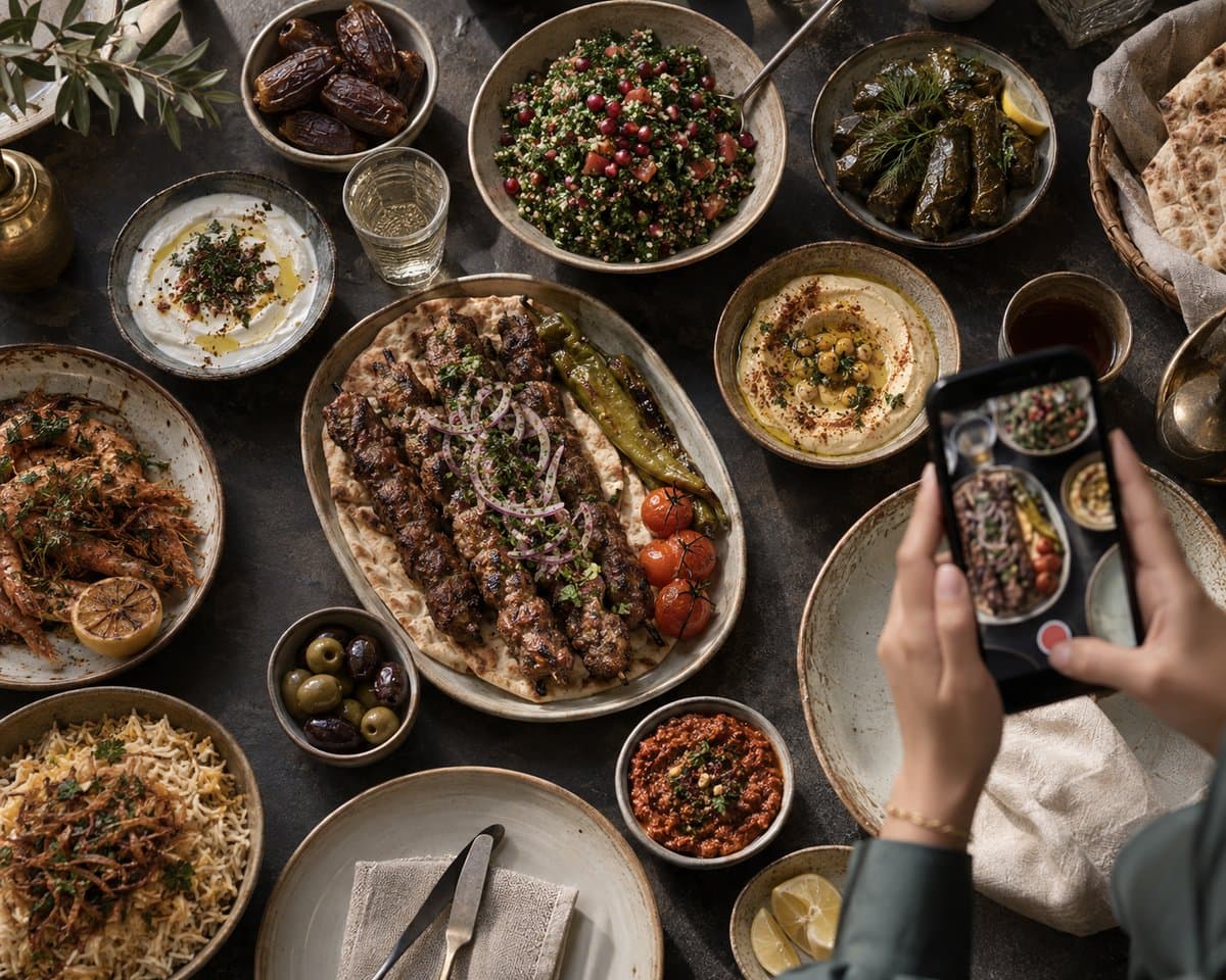 Overhead view of a restaurant table being filmed on a phone